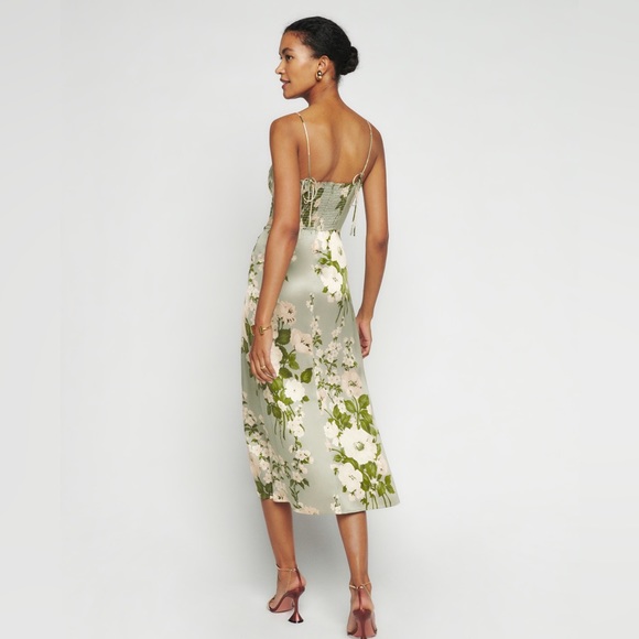 AUTHENTIC Reformation Marguerite Floral Green Sage Silk Dress - Picture 2 of 12